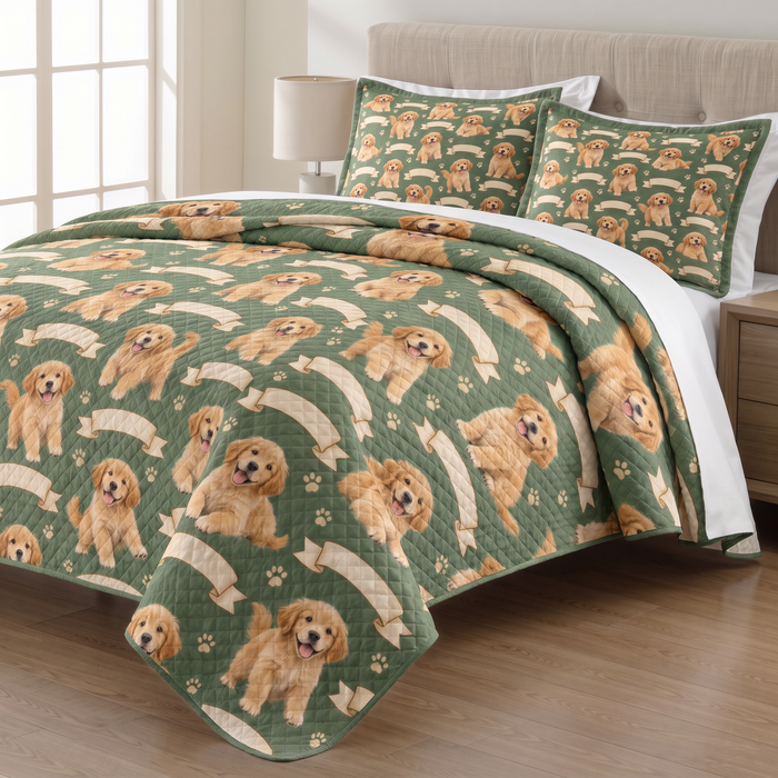 Golden Retriever Puppy Ribbon quilt set with two matching pillow shams on a made bed