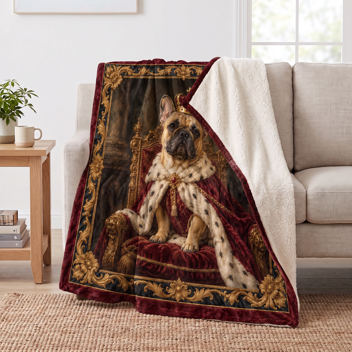 Royal French Bulldog Portrait sherpa blanket draped over a sofa, corner folded back to show the cream sherpa reverse