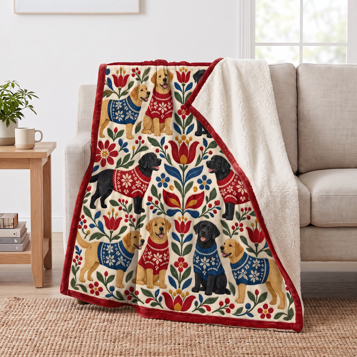 Folk Floral Sweater Labradors sherpa blanket draped over a sofa, corner folded back to show the cream sherpa reverse