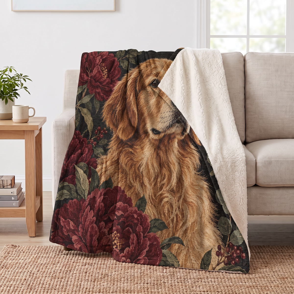 Peony Golden Retriever Portrait sherpa blanket draped over a sofa, corner folded back to show the cream sherpa reverse