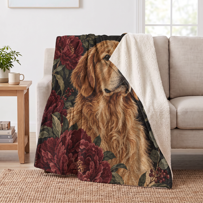 Peony Golden Retriever Portrait sherpa blanket draped over a sofa, corner folded back to show the cream sherpa reverse