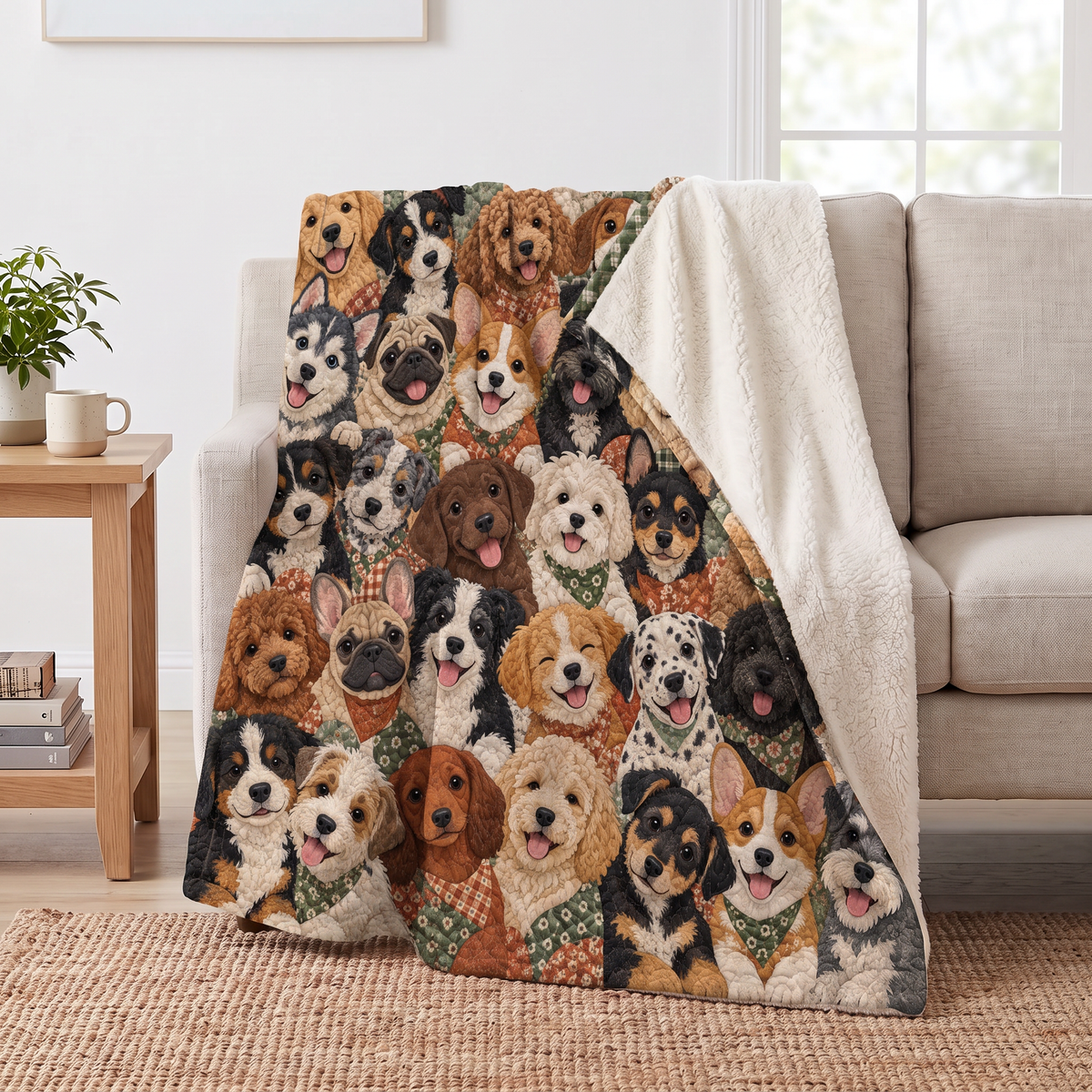 Puppy Crowd Patchwork sherpa blanket draped over a sofa, corner folded back to show the cream sherpa reverse