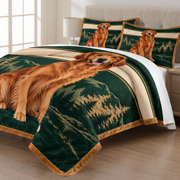 Forest Green Golden Retriever Portrait quilt set with two matching pillow shams on a made bed