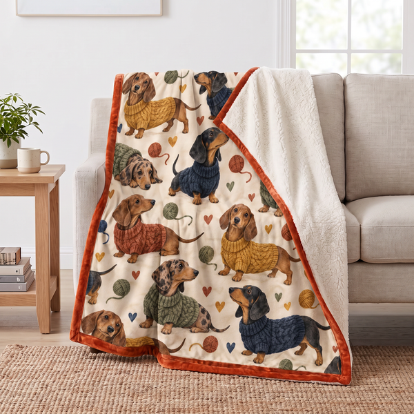 Sweater Dachshund Toss sherpa blanket draped over a sofa, corner folded back to show the cream sherpa reverse