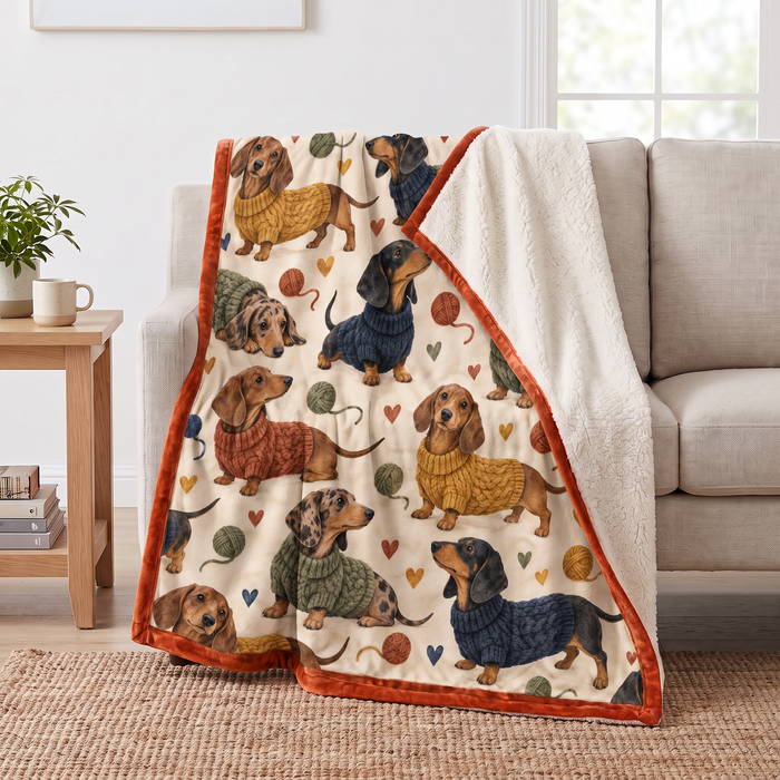 Sweater Dachshund Toss sherpa blanket draped over a sofa, corner folded back to show the cream sherpa reverse