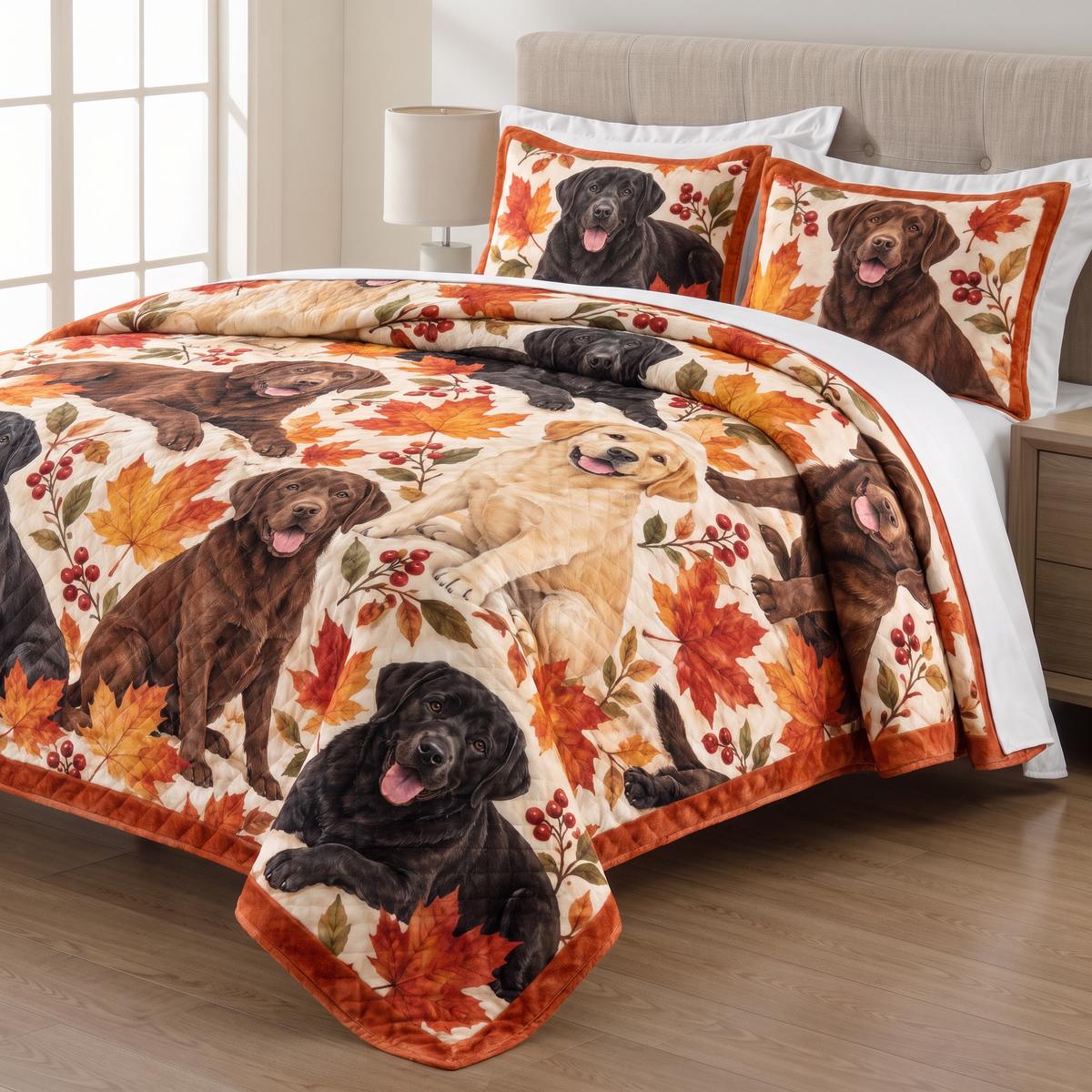 Watercolor Fall Labradors quilt set with two matching pillow shams on a made bed