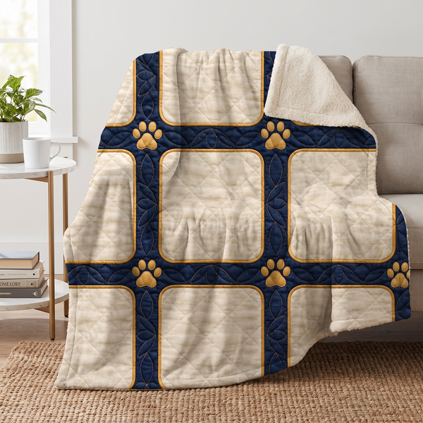 Navy Dog Paw Photo Frame sherpa blanket draped over a sofa, corner folded back to show the cream sherpa reverse
