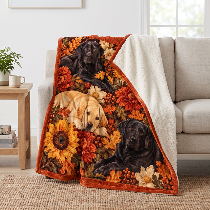 Autumn Floral Labradors sherpa blanket draped over a sofa, corner folded back to show the cream sherpa reverse