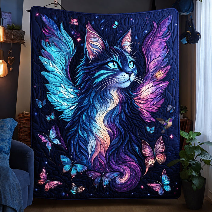 Angel Wing Cat quilt – navy quilt with a fluffy cat with blue and violet angel wings and butterflies