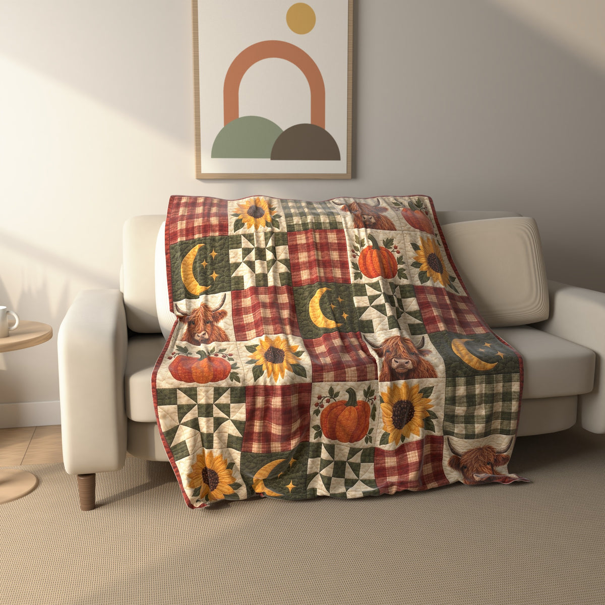Autumn Plaid Highland Cow Patchwork fleece throw blanket draped over a sofa
