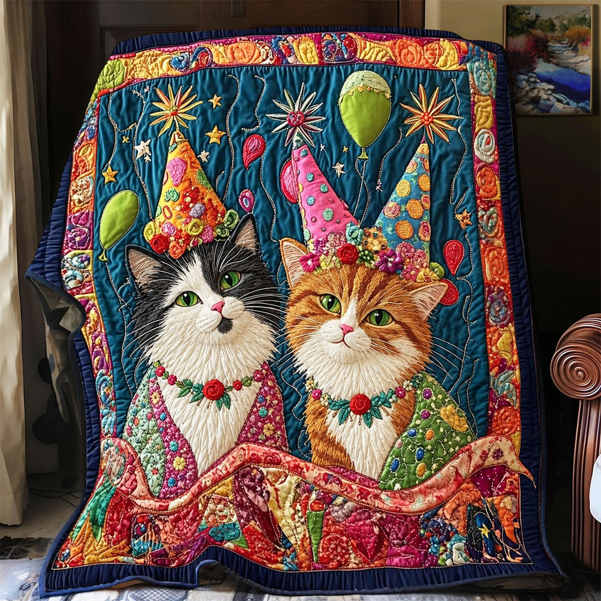 Birthday Couple Cats quilt – teal quilt with two cats in party hats under balloons and fireworks