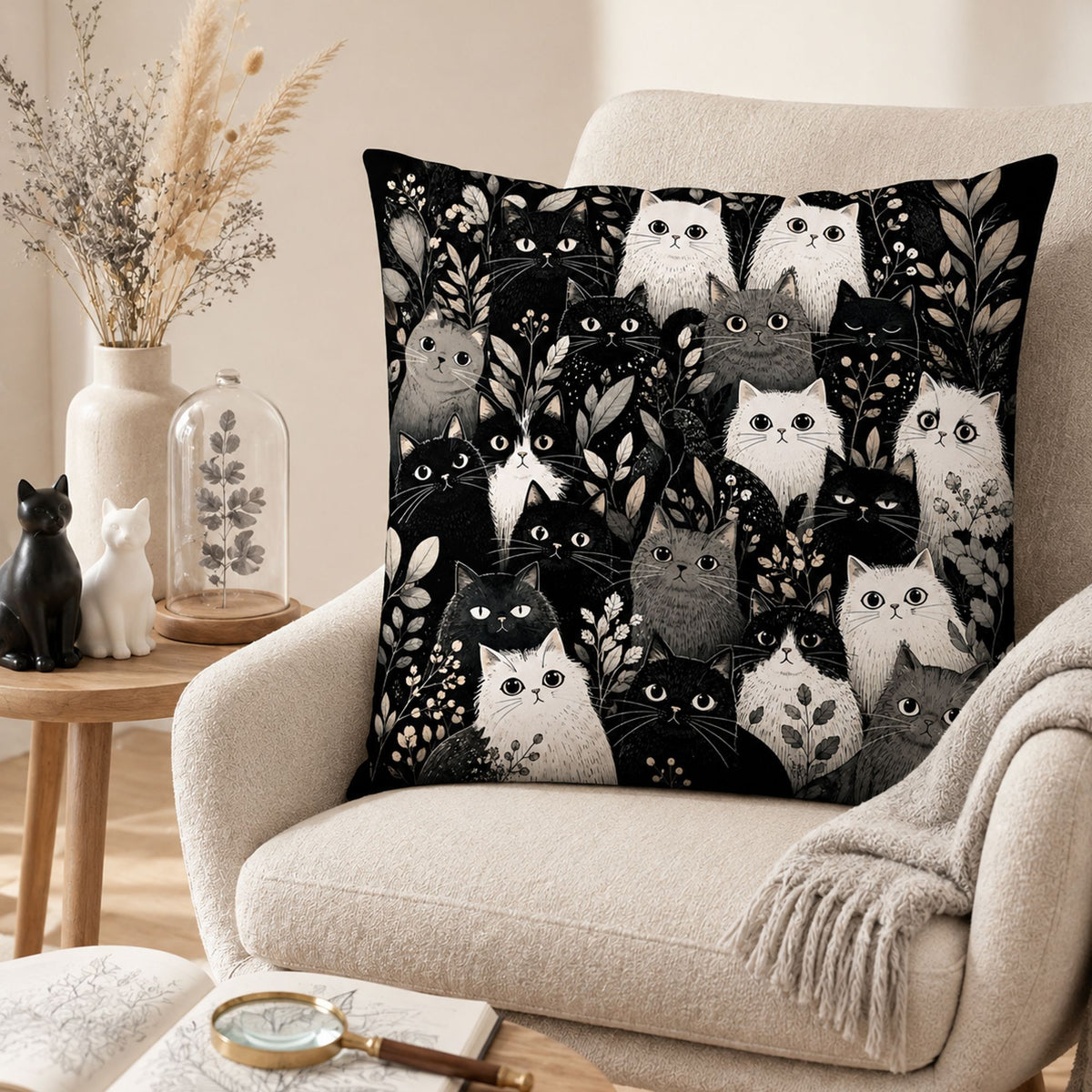 PawMoM black and white cat crowd cushion cover set