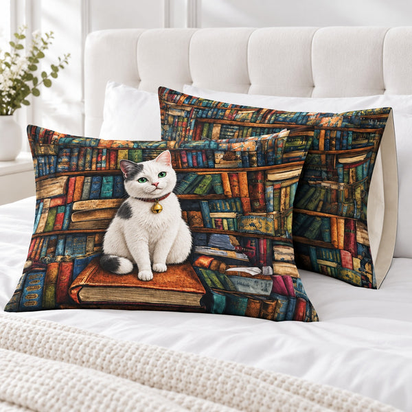 Bookworm White Cat pillowcases – set of two printed envelope pillowcases on a white bed