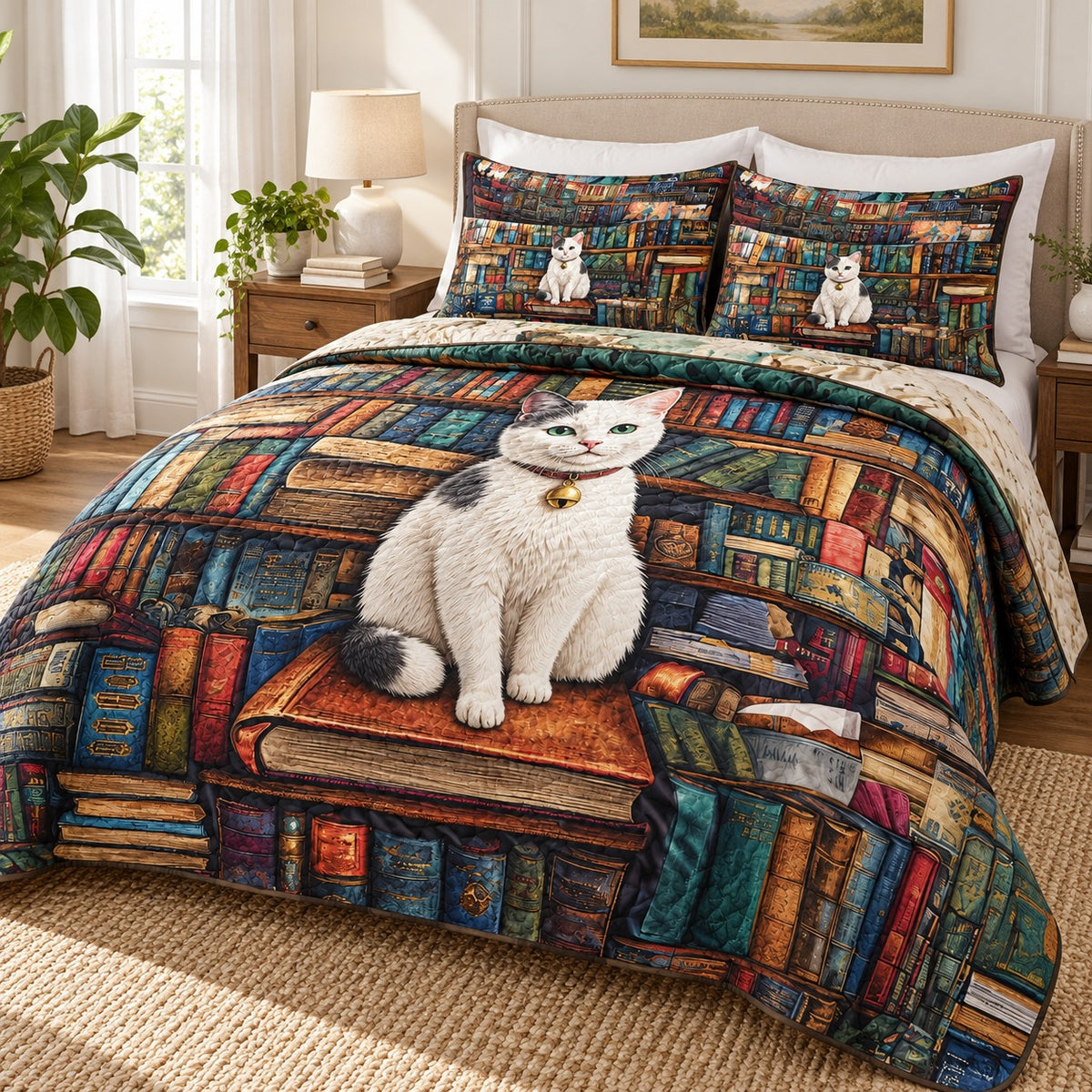 Bookworm White Cat quilt set – quilt and two matching shams on a queen bed in a bright neutral bedroom