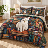 Bookworm White Cat Quilt Set – 3-Piece Cat Bedding