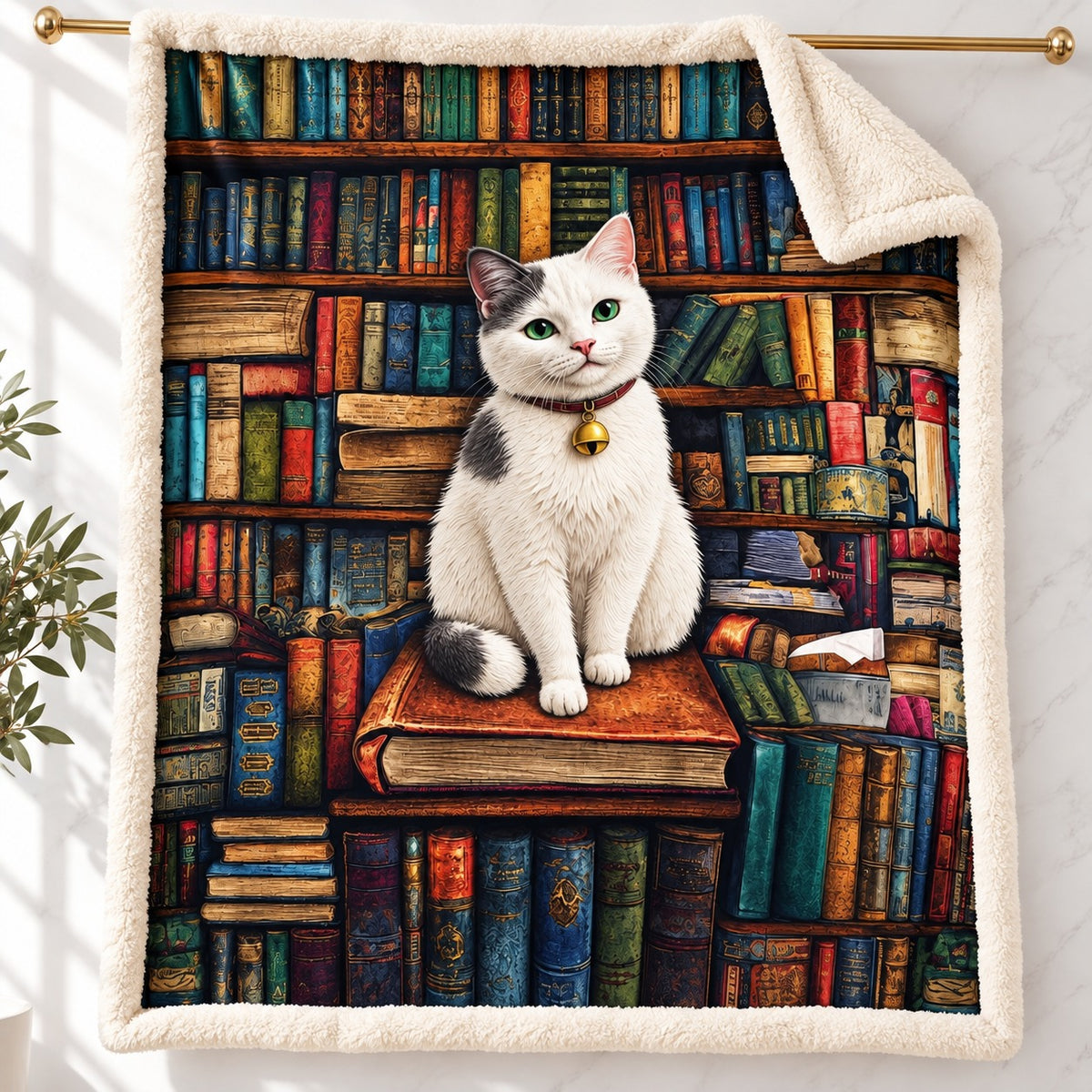 Bookworm White Cat sherpa fleece blanket – printed flannel front with plush cream sherpa back, hanging on a gold rod