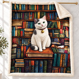 Bookworm White Cat Sherpa Blanket