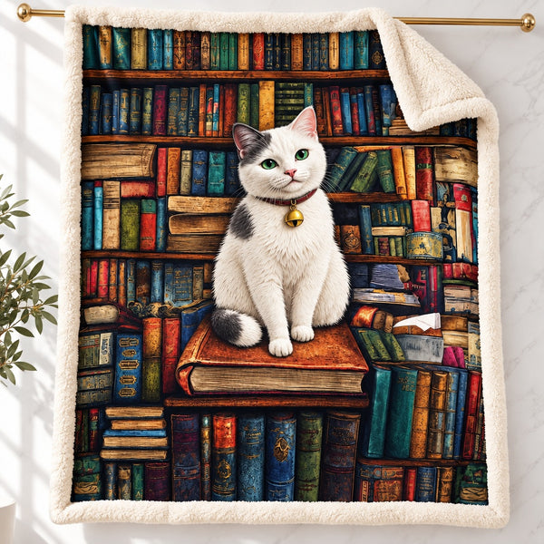 Bookworm White Cat sherpa fleece blanket – printed flannel front with plush cream sherpa back, hanging on a gold rod