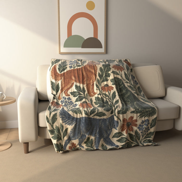 Botanical Golden Retriever fleece throw blanket draped over a sofa