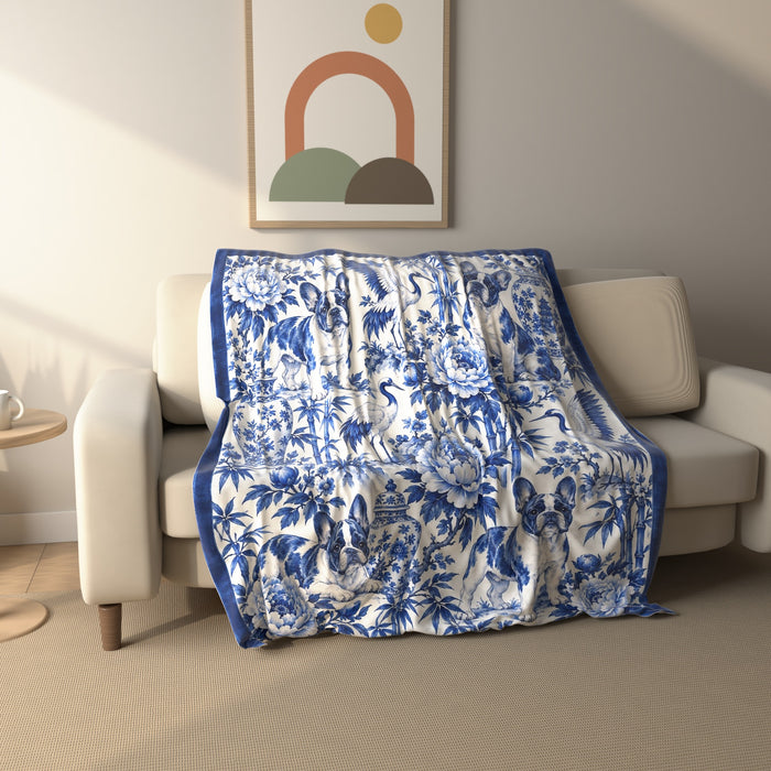 Chinoiserie French Bulldog fleece throw blanket draped over a sofa