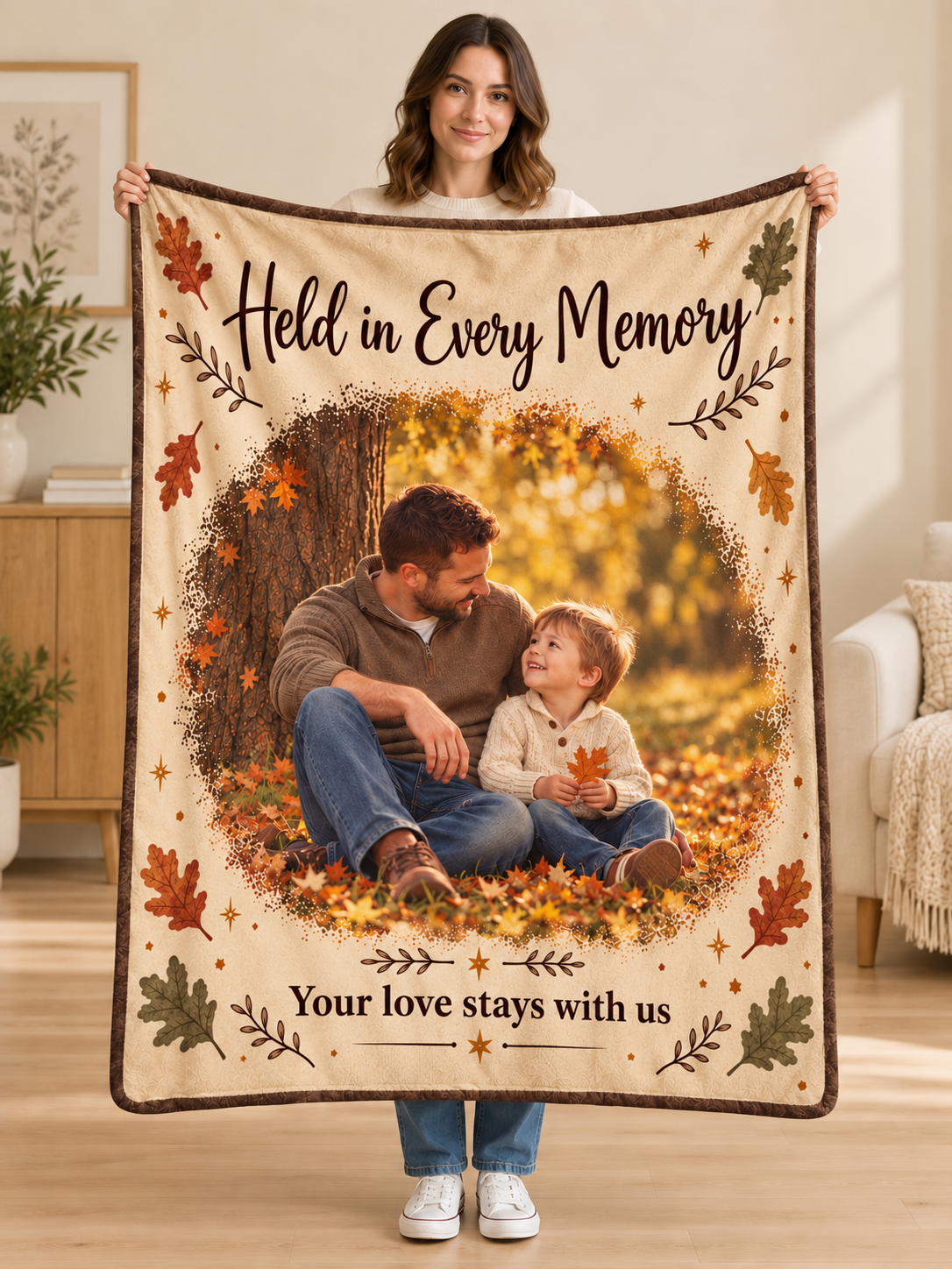 Woman holding the Held in Every Memory personalized photo fleece blanket