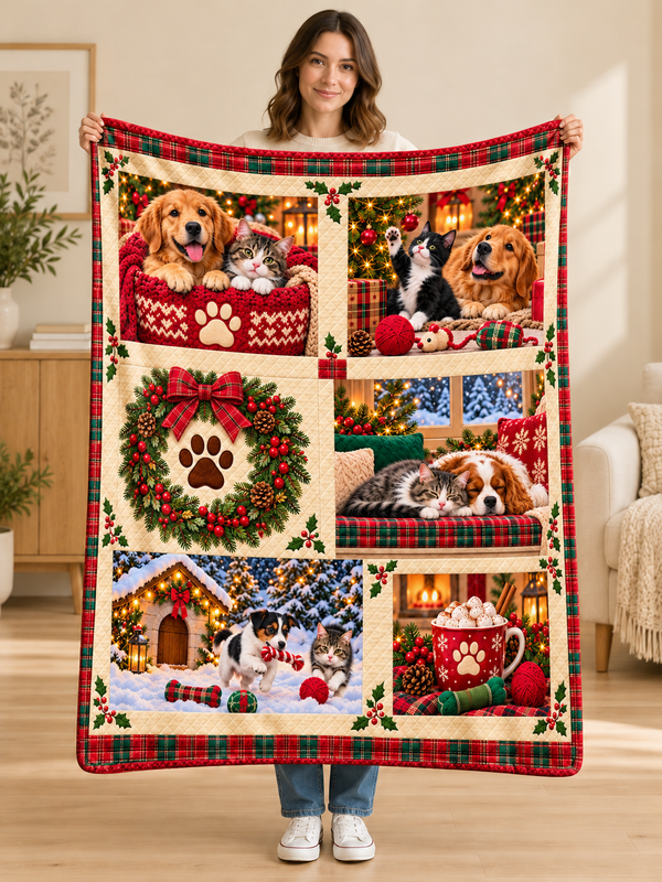 Woman holding the Holiday Pets Story Quilt Christmas fleece blanket