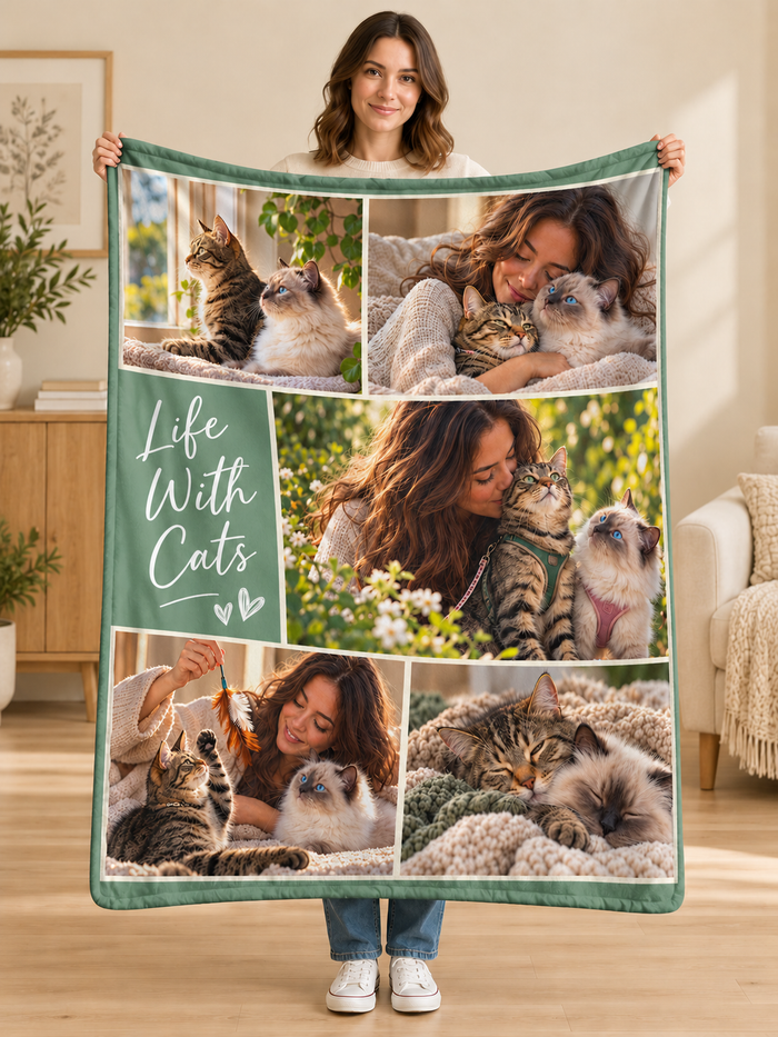 Woman holding the Life With Cats sage photo collage fleece blanket