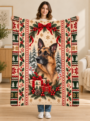 Woman holding a cream Nordic Christmas fleece blanket with a German Shepherd portrait