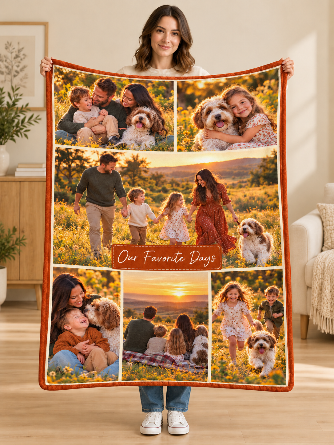 Woman holding the Our Favorite Days family photo collage fleece blanket