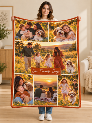 Woman holding the Our Favorite Days family photo collage fleece blanket