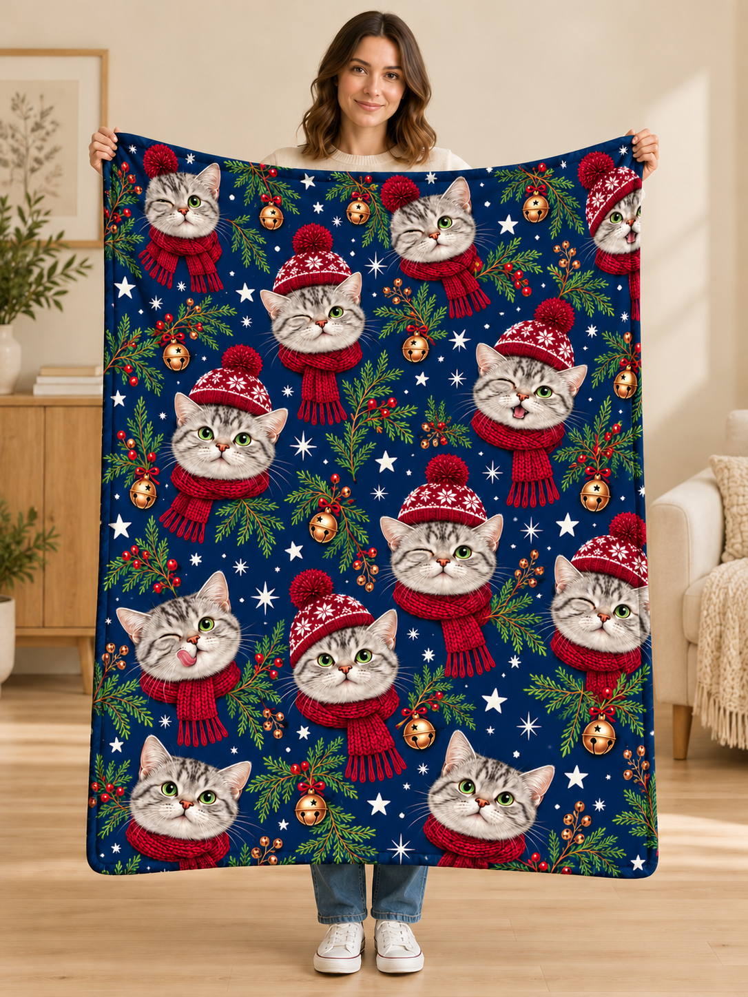 Woman holding a navy Christmas fleece blanket with repeating cat faces in Santa hats