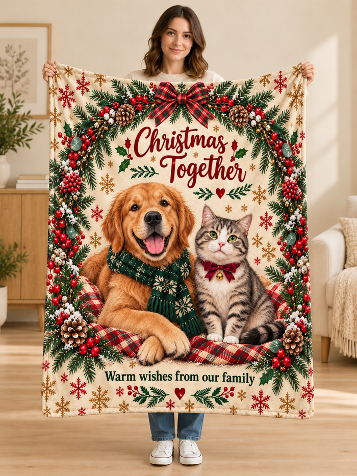Woman holding the Christmas Together dog and cat wreath fleece blanket