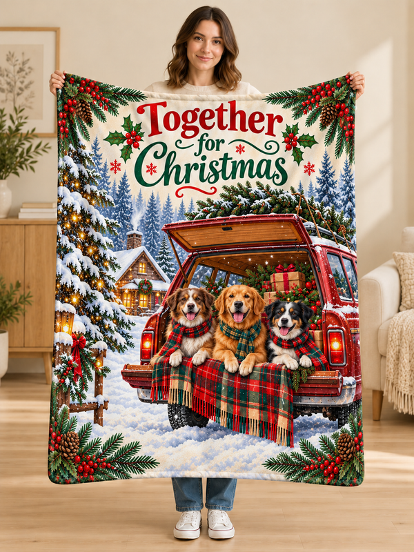 Woman holding the Together for Christmas red truck dogs fleece blanket
