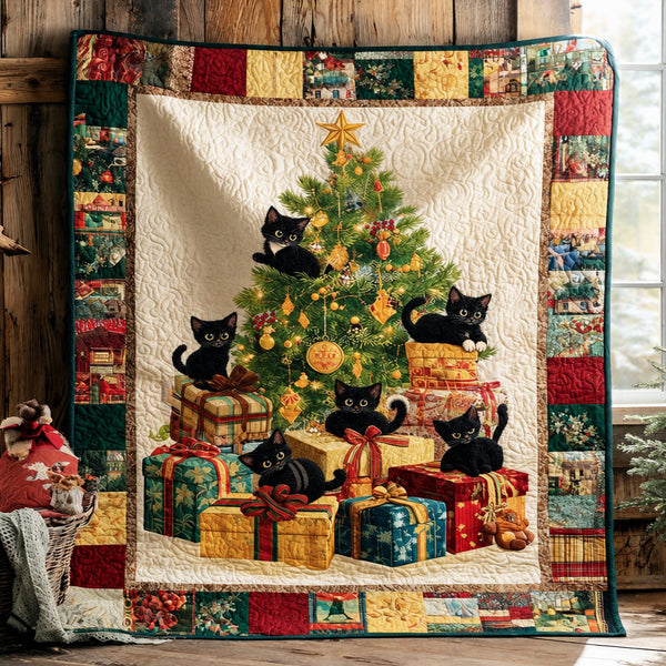 Christmas Tree Black Cats quilt – Christmas quilt with black kittens playing in a decorated tree and among presents