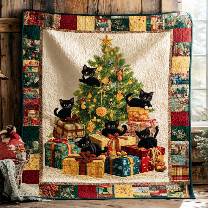 Christmas Tree Black Cats quilt – Christmas quilt with black kittens playing in a decorated tree and among presents