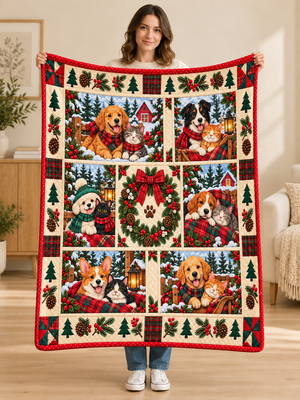 Woman holding a red and green patchwork Christmas fleece blanket with dogs and cats