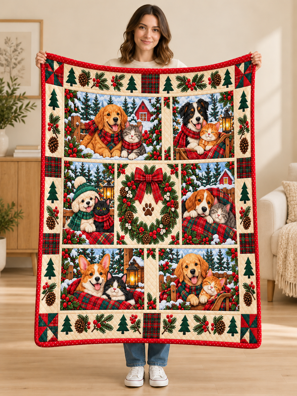 Woman holding a red and green patchwork Christmas fleece blanket with dogs and cats