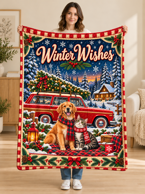 Woman holding the Winter Wishes red car dog and cat Christmas fleece blanket