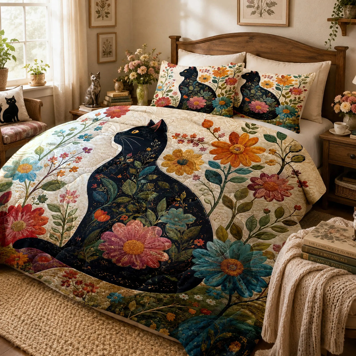 Chrysanthemum Black Cat Quilt Set — PawMoM