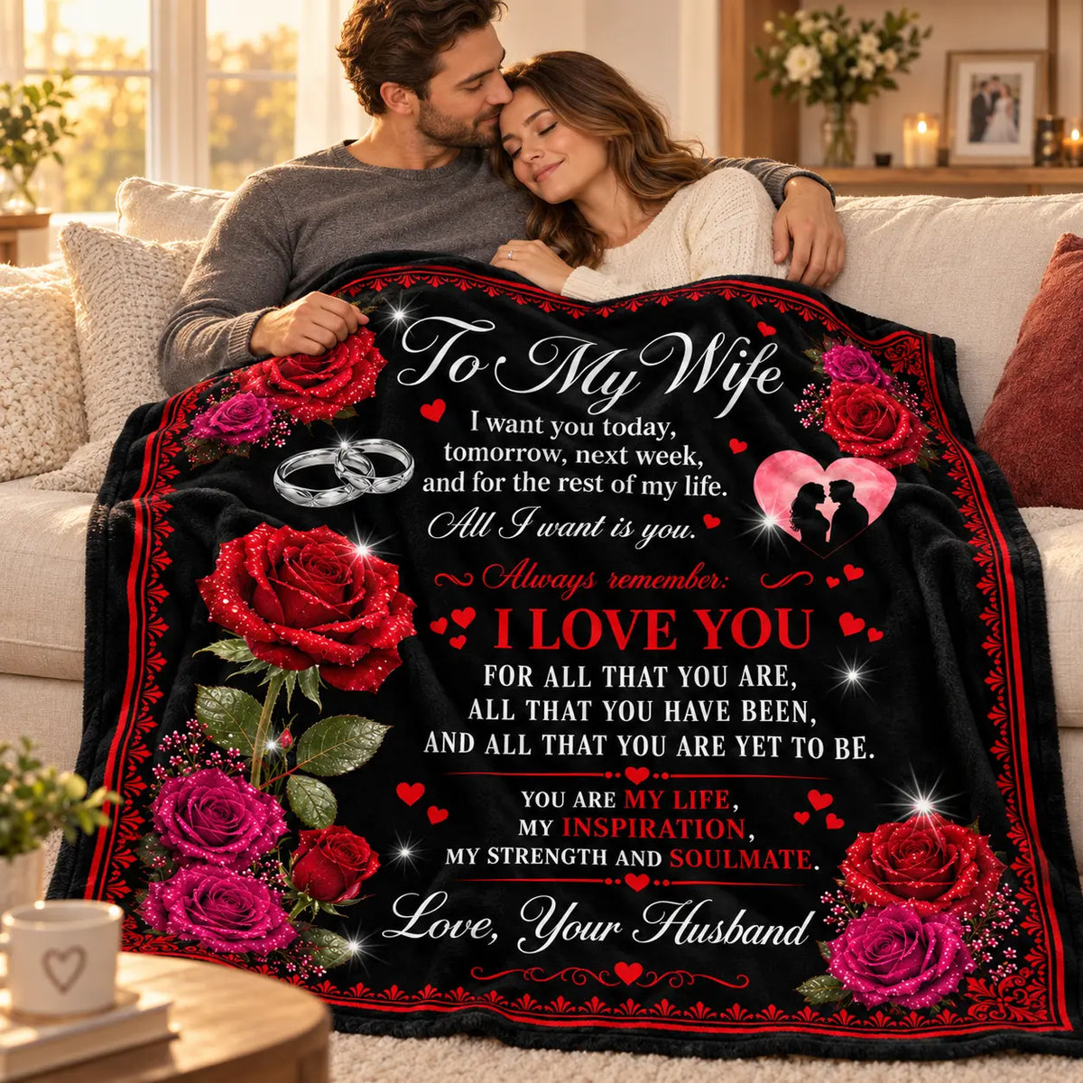 Love Letter Roses blanket on a sofa