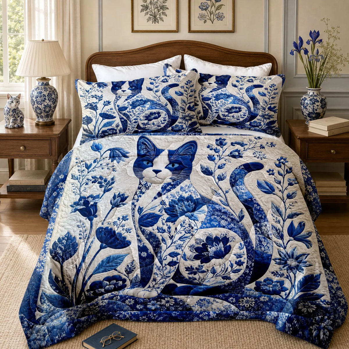 Delft Blue Botanical Cat Quilt Set — PawMoM