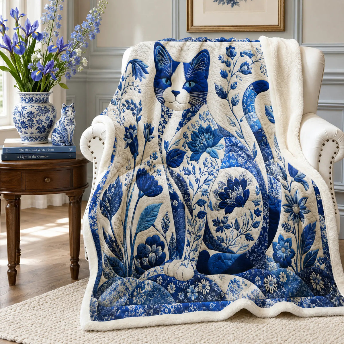 Delft Blue Botanical Cat Sherpa Blanket — PawMoM