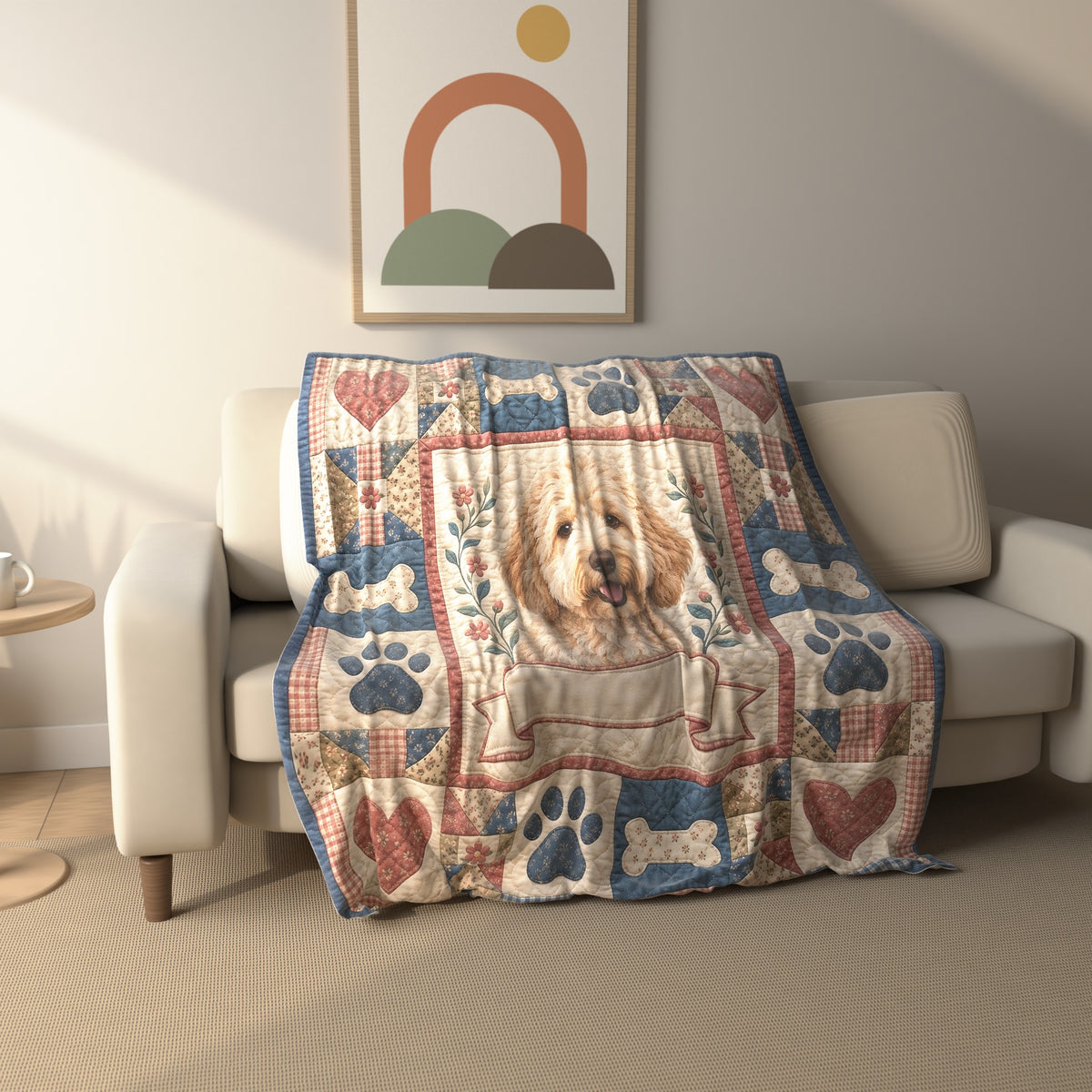 Doodle Dog Portrait Patchwork fleece throw blanket draped over a sofa