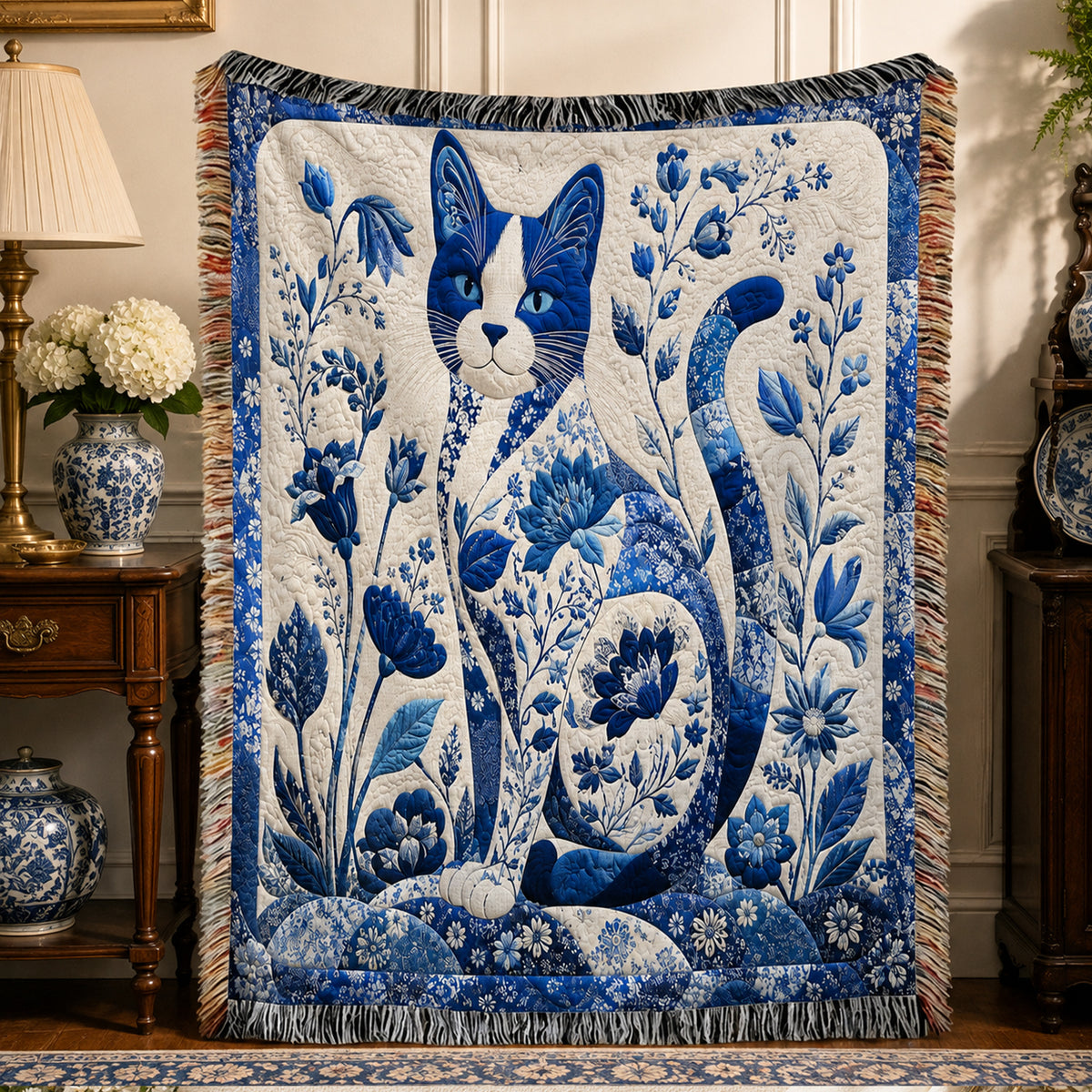 Porcelain Blue Cat Woven Throw Blanket on a made bed