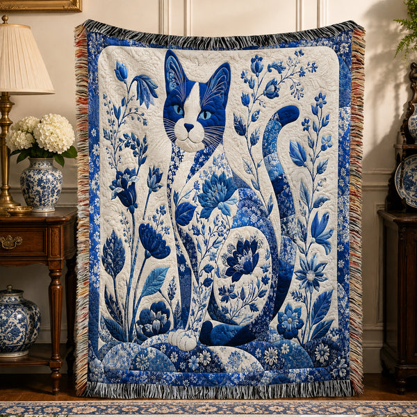 Porcelain Blue Cat Woven Throw Blanket on a made bed