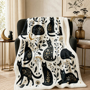 Gilded Silhouette Cat Sherpa Blanket on a made bed