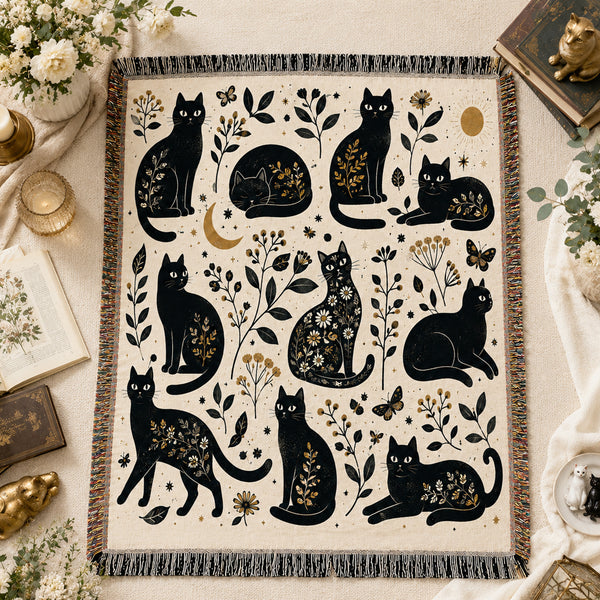 Gilded Silhouette Cat Woven Throw Blanket on a made bed