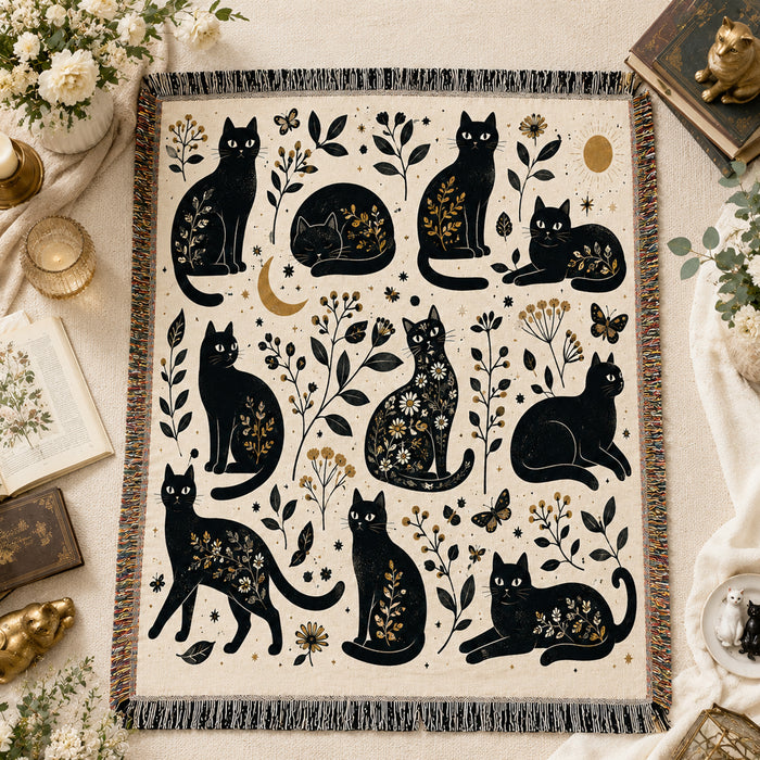Gilded Silhouette Cat Woven Throw Blanket on a made bed