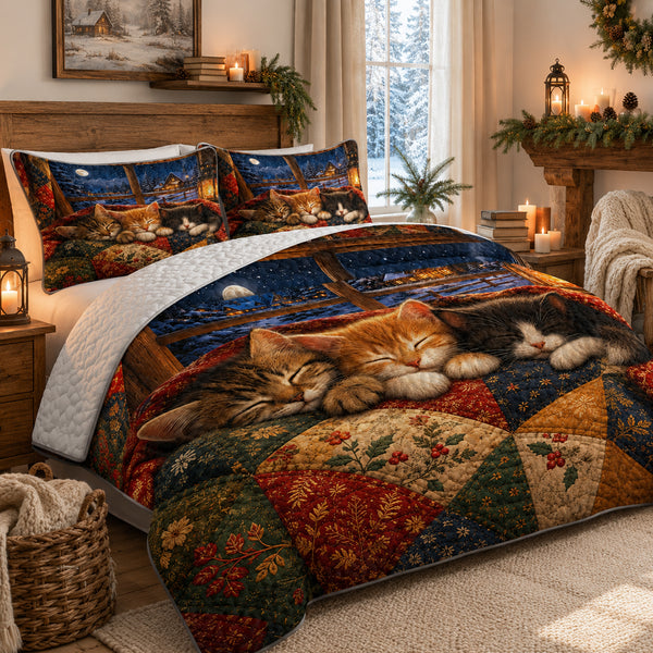 Snowfall Window Kittens Quilt Set on a made bed