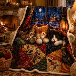 Snowfall Window Kittens Sherpa Blanket on a made bed